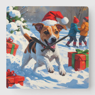 Horloge Carrée Jack Russell Courir en neige avec Casquette de Noë