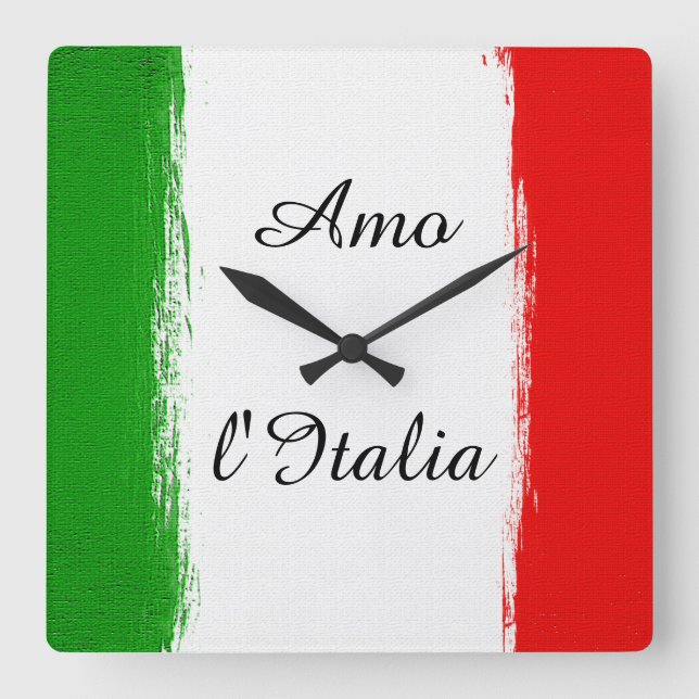 Horloge Carrée J'aime l'Italie / Drapeau de l'Italie. Texte (Recto)
