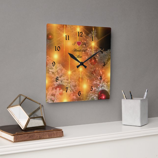 Horloge Carrée J'aime maman, Noël d'or, (Bureau)