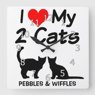 Horloge Carrée J'Aime Mes Deux Chats Silhouette