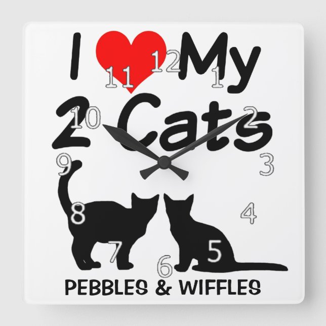 Horloge Carrée J'Aime Mes Deux Chats Silhouette (Recto)