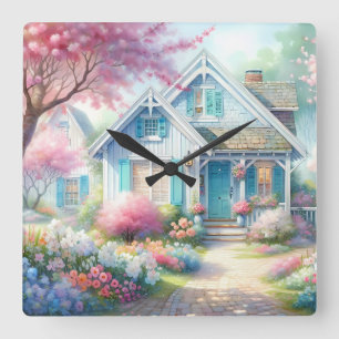 Horloge Carrée Jardin de cottage bleu de Blossom Lane