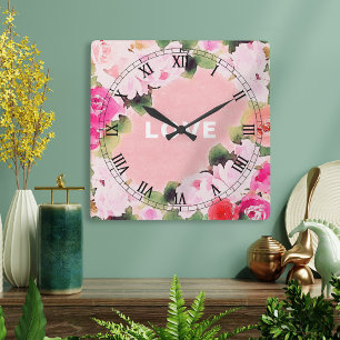 Horloge Carrée Jardin de roses roses à l'aquarelle artistique scr