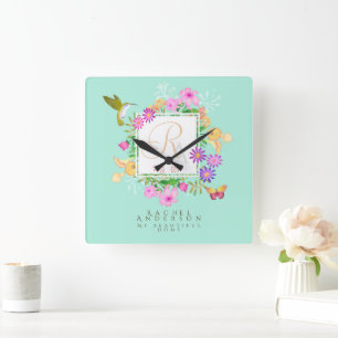 Horloge Carrée Jardin floral Aqua Monogramme