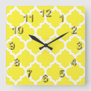 Horloge Carrée Jaune Blanc Motif Quatrefoil Marocain #5