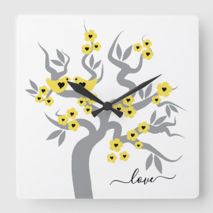 Horloge Carrée Jaune, gris Perroquets cerisier & fleurs
