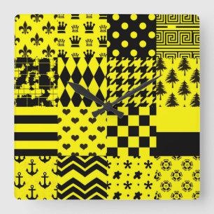 Horloge Carrée Jaune Noir Mixte Conception Motif Patchwork