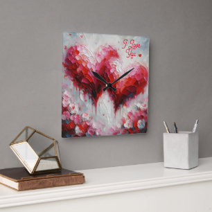 Horloge Carrée Je T'Aime Deux Coeurs Abstraits Peindre Valentine