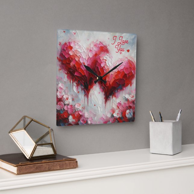 Horloge Carrée Je T'Aime Deux Coeurs Abstraits Peindre Valentine (Bureau)