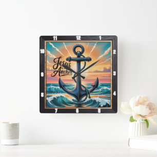 Horloge Carrée Jésus Ancre Vagues coucher de soleil