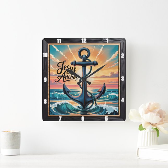 Horloge Carrée Jésus Ancre Vagues coucher de soleil (Maison)