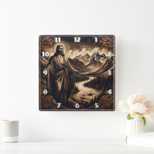 Horloge Carrée Jésus aux bras tendus dans le paysage montagnard