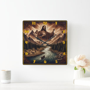 Horloge Carrée Jésus Bénédiction d'un paysage de rivière sereine