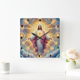 Horloge Carrée Jésus-Christ Avec Un Coeur Sacré Radiant