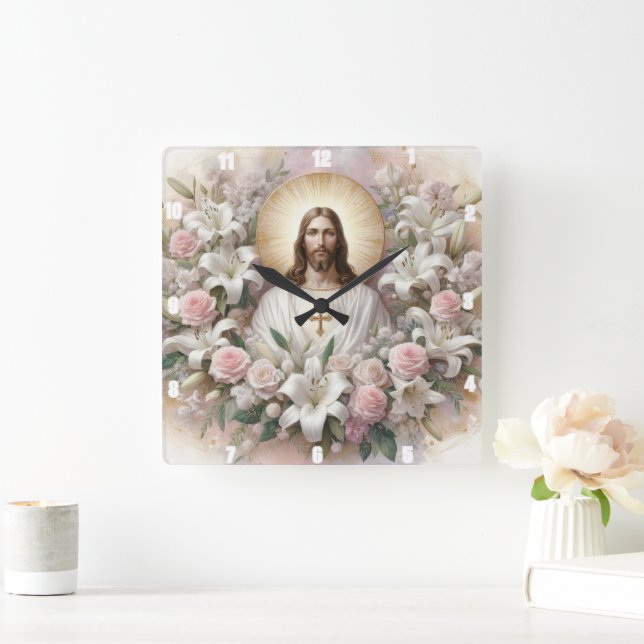 Horloge Carrée Jésus Christ Entouré de Lys Roses (Maison)