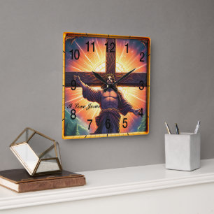 Horloge Carrée Jésus cloué à la croix de bois