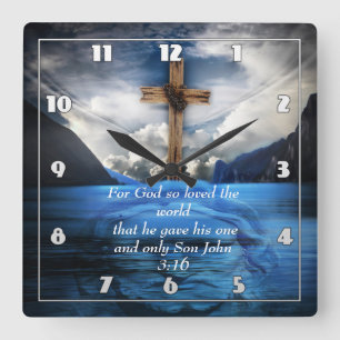 Horloge Carrée Jésus dans l'eau ondulante Jean 3:16