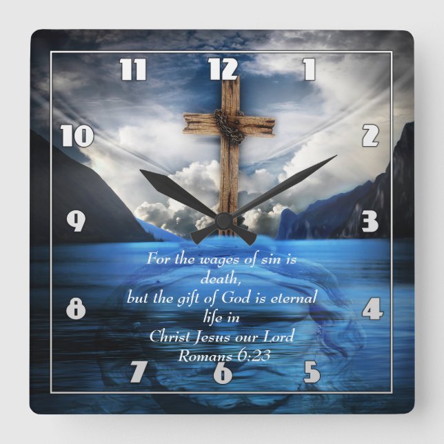 Horloge Carrée Jésus dans l'eau ondulée Romains 6:23 (Recto)