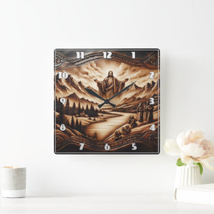 Horloge Carrée Jésus inspire la paix entre les montagnes et les r