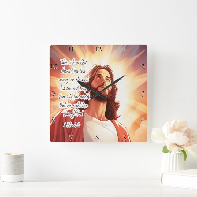 Horloge Carrée Jésus : L'Amour de Dieu, La Vie Éternelle (Maison)