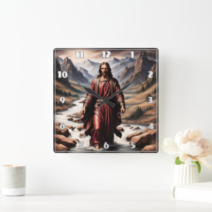 Horloge Carrée Jésus marche sur l'eau dans un cadre paisible