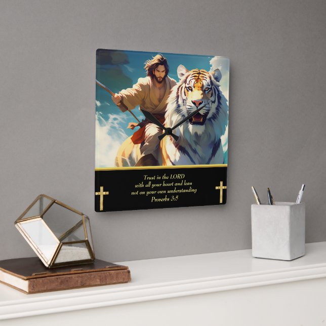 Horloge Carrée Jésus monte un tigre (Bureau)