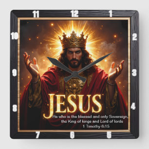 Horloge Carrée Jésus Roi Couronne Robe Souverain Gloire