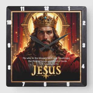 Horloge Carrée Jésus Roi Couronne Souverain Majesté Rouge