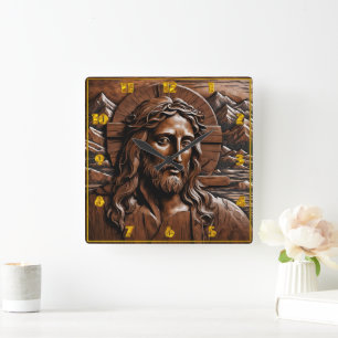Horloge Carrée Jésus sculpté dans le bois entouré de montagnes