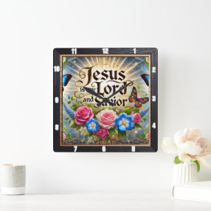 Horloge Carrée Jésus Seigneur sauveur papillons floraux