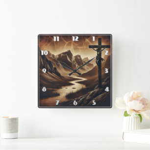 Horloge Carrée Jésus sur la Croix dans les montagnes paisibles
