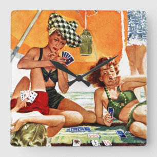 Horloge Carrée Jeu de carte à la plage par Alex Ross