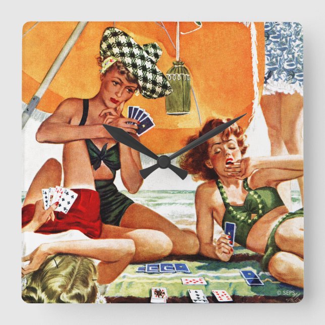 Horloge Carrée Jeu de cartes à la plage par Alex Ross (Recto)