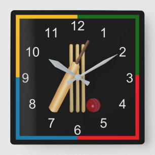 Horloge Carrée Jeu de cricket, wicket, chauve-souris et balle