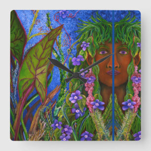 Horloge Carrée Jeune femme peinte dans un paysage tropical