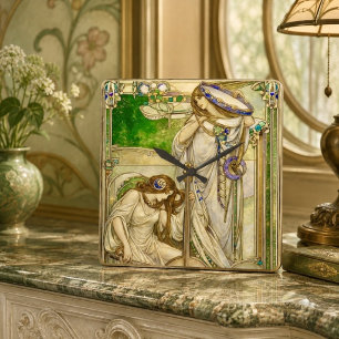Horloge Carrée Jeunes Filles Musiciennes Art Nouveau Illustration
