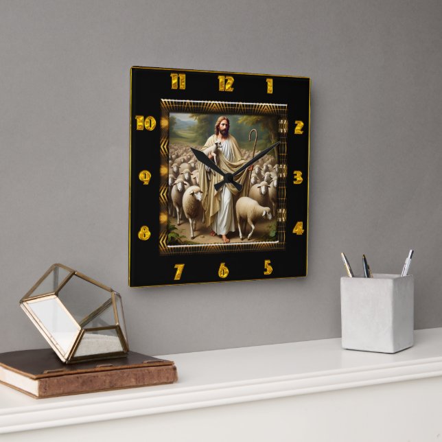 Horloge Carrée John 10:7 Golden Shepherd Loving Scene (Bureau)