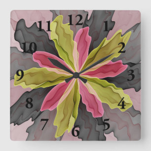 Horloge Carrée Joie, fractale anthracite verte de fleur