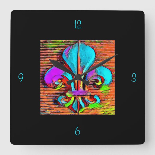Horloge Carrée Joli Cadran Mural avec Motif Fleur de Lis (Recto)