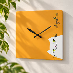 Horloge Carrée Joli Cartoon Drôle Monogramme Chat Blanc Jaune