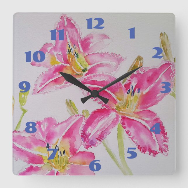Horloge Carrée Joli lys rose liliacées Art aquarelle Fleur  (Recto)