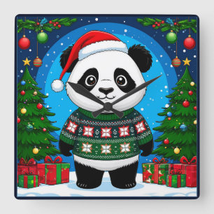 Horloge Carrée Joli panda en pull de Noël portant un chapeau de P