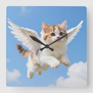 Horloge Carrée Joli Petit Chat Volant Calico Tabby Ciel Bleu