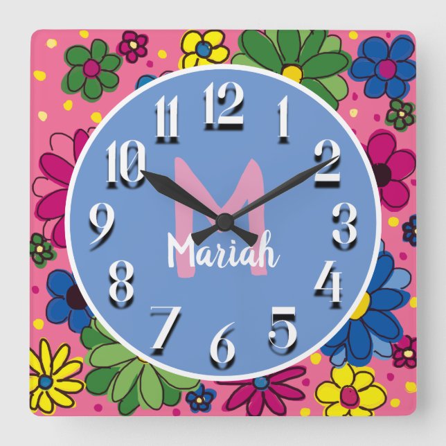 Horloge Carrée Joli rose Bleu Vert Jaune Floral Monogramme (Recto)