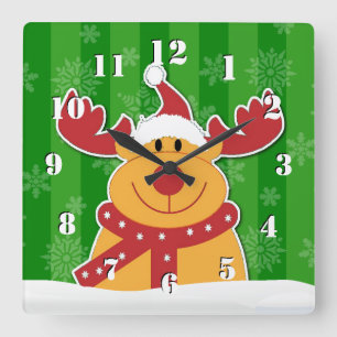 Horloge Carrée Joli Rudolph dans la neige Noël vert Christmas