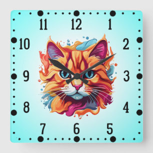 Horloge Carrée Joli visage de chat Design multicolore