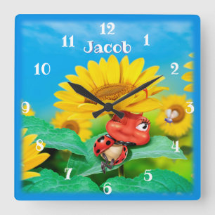 Horloge Carrée Jolie coccinelle dormant sur des tournesols.