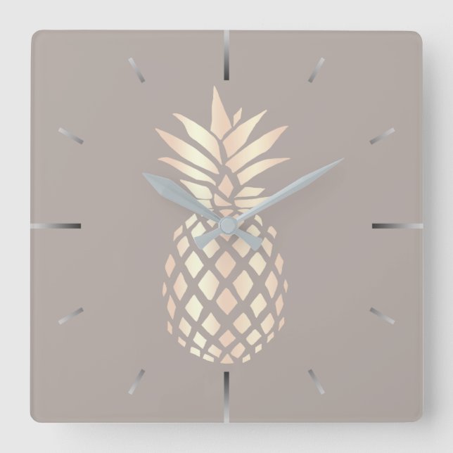 Horloge Carrée Jolie élégante cuivre rose or ananas & gris (Recto)