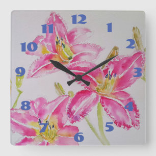 Horloge Carrée Jolie Lily Fleur d'eau Rose Art en aquarelle