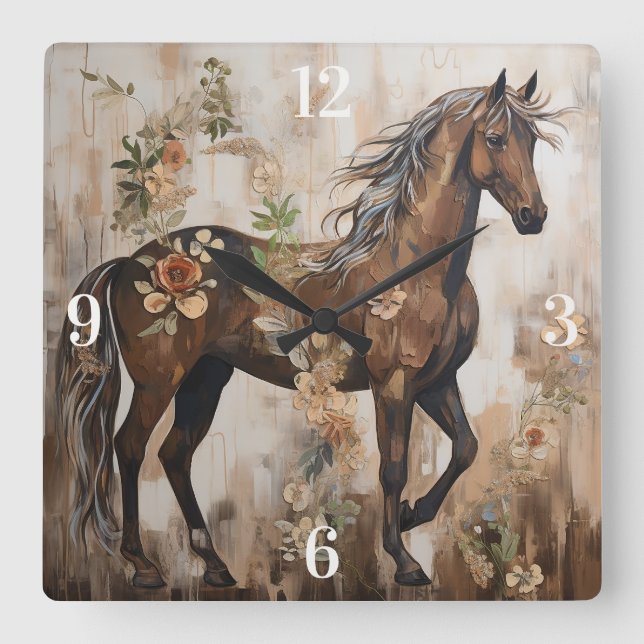 Horloge Carrée Jolie peinture florale à cheval (Recto)